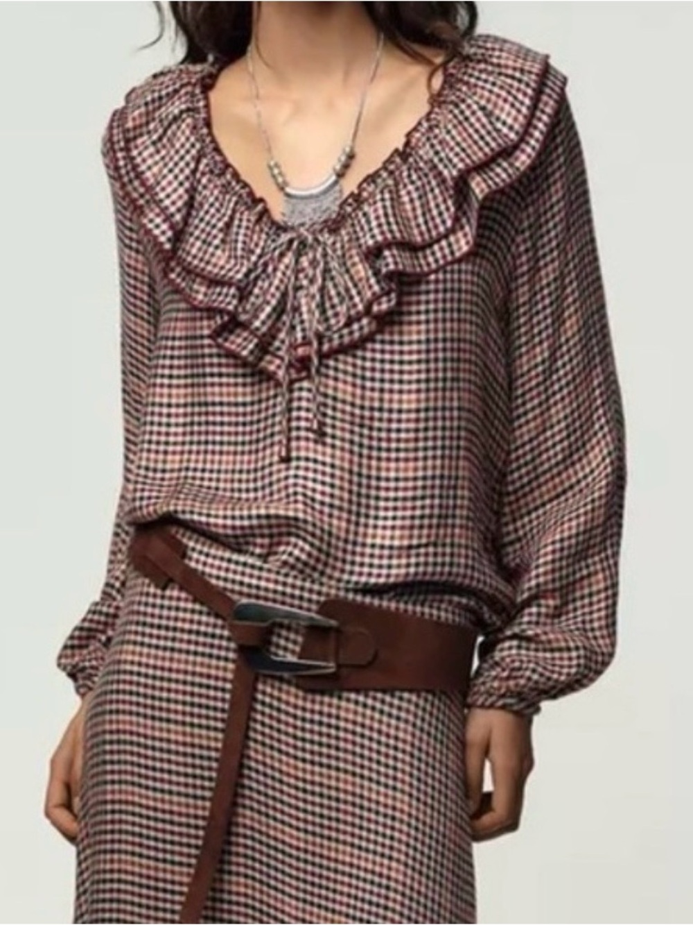 Zara Burgundy Plaid Ruffle Neck Blouse
